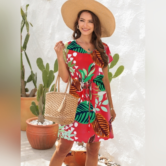 Drawstring Printed V-Neck Mini Dress - Picture 4 of 5